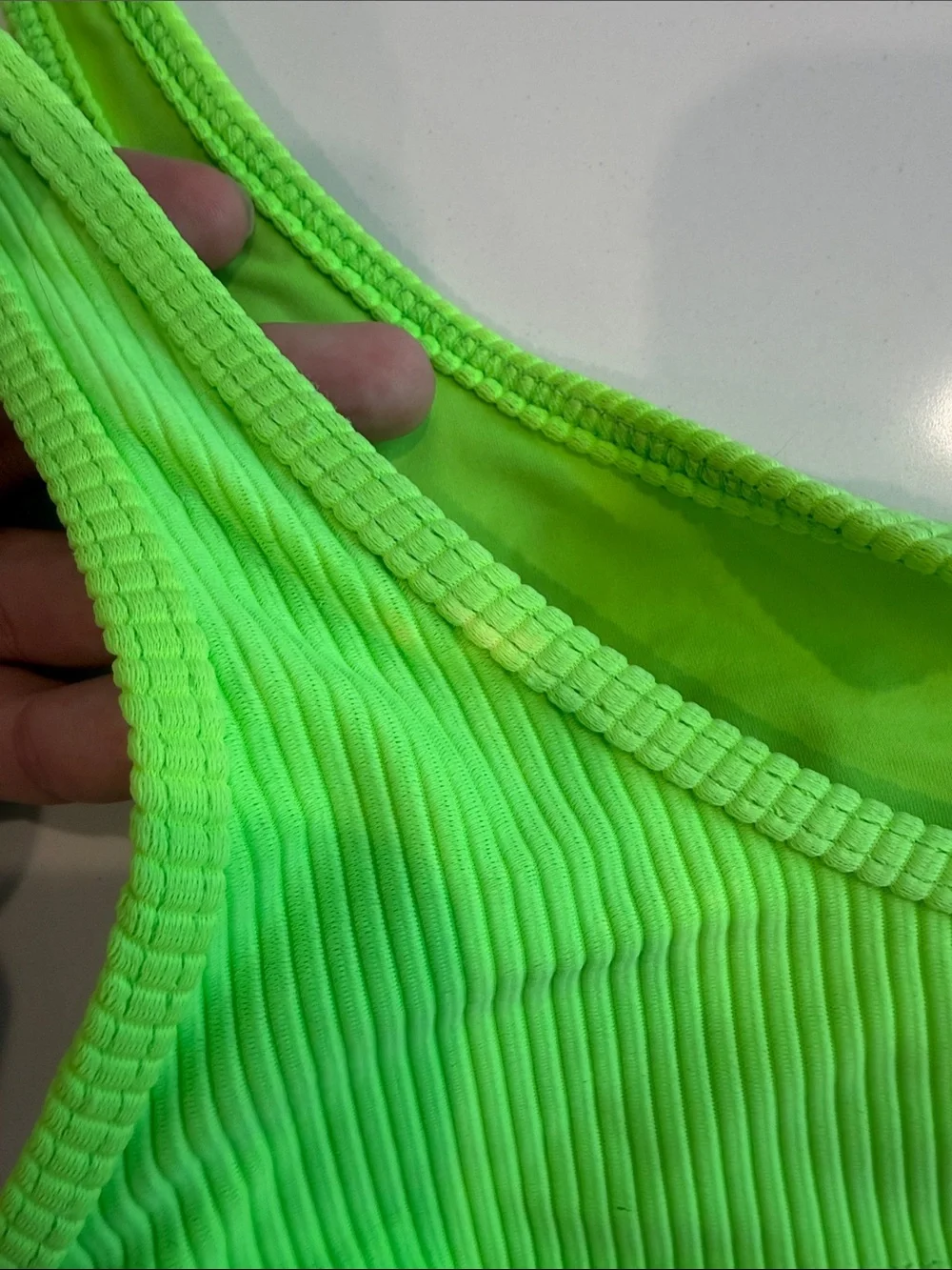 Frankie’s Bikinis Neon Green Ribbed Cole V-Notch Cutout Top - Women